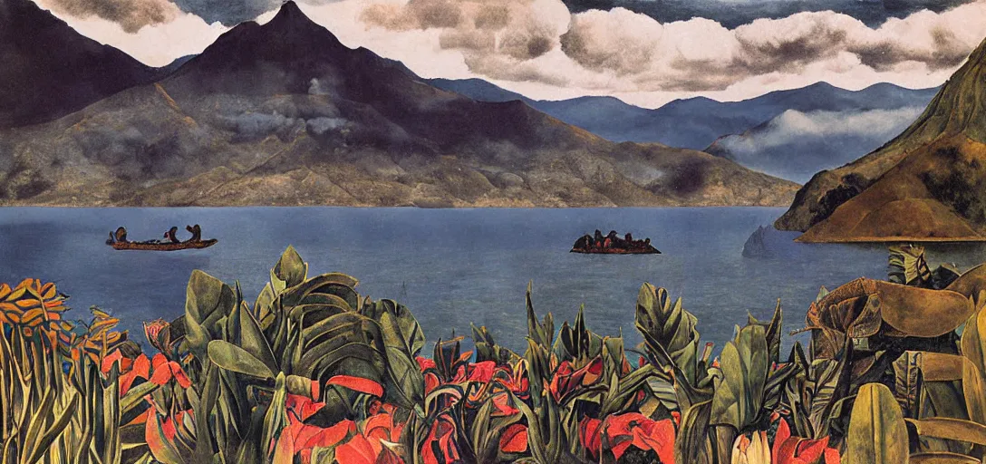 Prompt: guatemala's lake of atitlan painted by frida kahlo