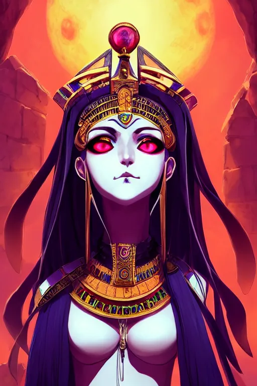 Prompt: 3 / 4 view of a smirking necromancer queen cleopatra, with cat face ears and tail, beautiful and detailed eyes, with pyramids and a giant crimson moon with the eye of ra in the background, by tite kubo and guweiz, dramatic lighting, manga cover, highly detailed, incredible quality, trending on artstation