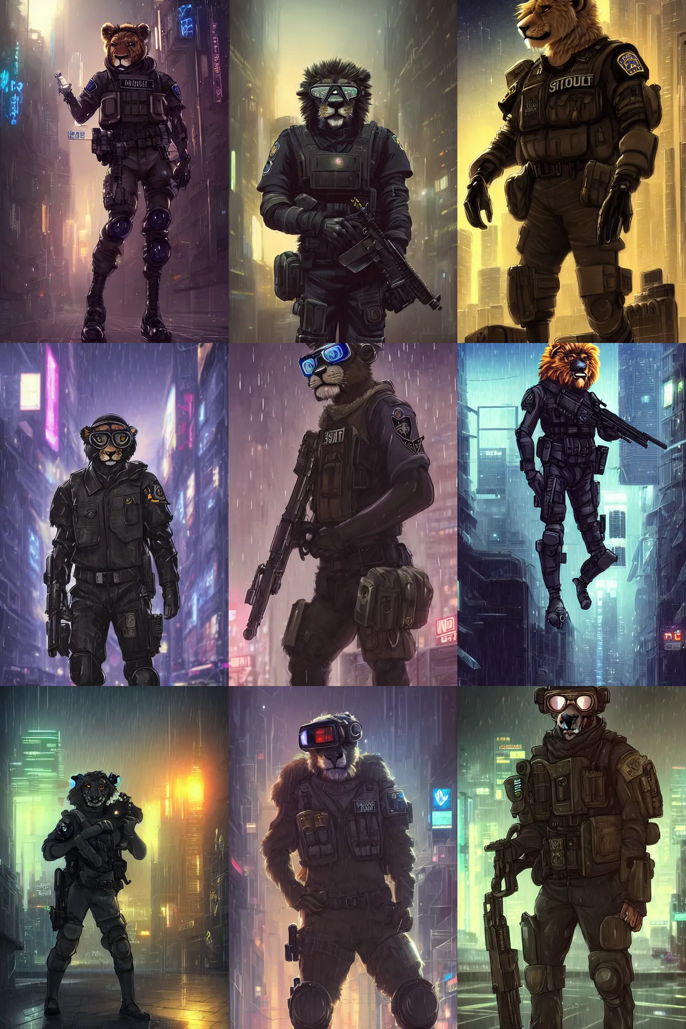 Prompt: beautiful 3 / 4's portrait commission of a male furry anthro lion fursona wearing a tactical police swat uniform with helmet and ballistic goggles in a cyberpunk city at night in the rain. character design by charlie bowater, ross tran, artgerm, and makoto shinkai, detailed, inked, western comic book art