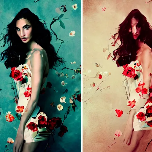 Image similar to full body fine art photo of the beauty gal gadot, she is merging from roses, taken by oleg oprisco