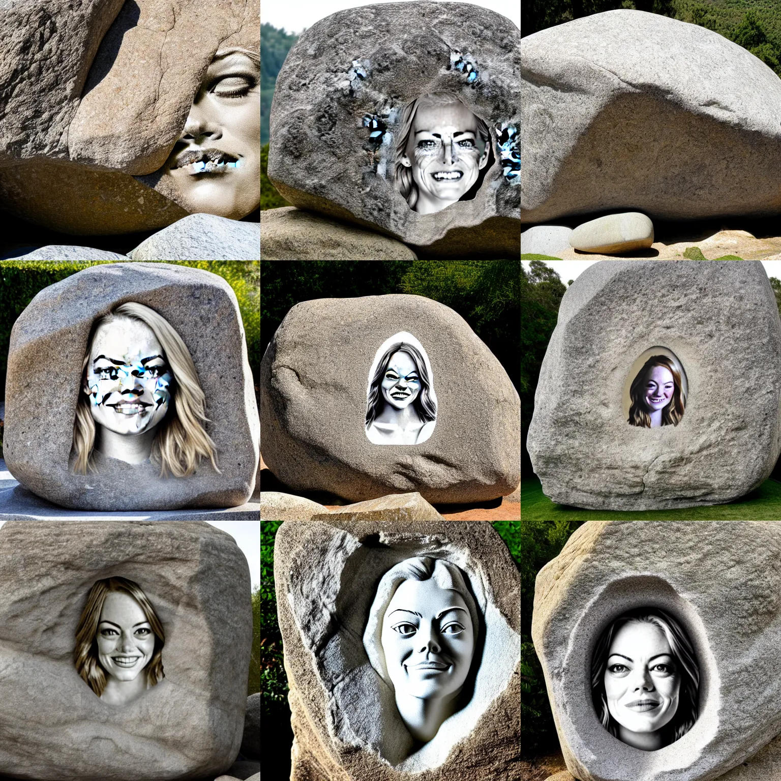 Prompt: big rock solid stone with the emerging face of emma stone buried inside the big stone solid rock