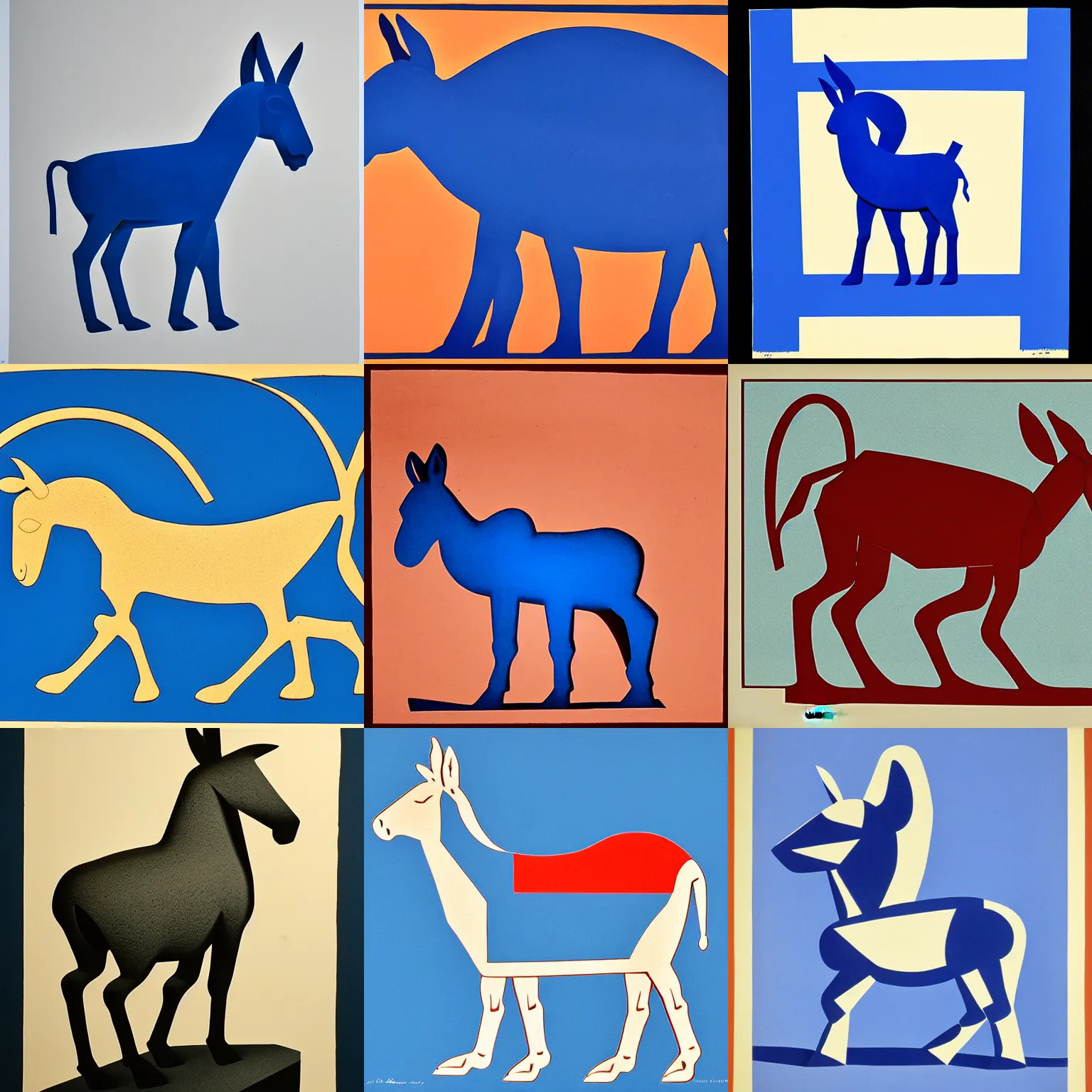 Prompt: lithograph of donkey!! cycladic sculpture against white background, simplified, silhouette, full body, solid colors, block print, iconic, side view, centered, ultramarine blue! and [ red iron oxide ]!