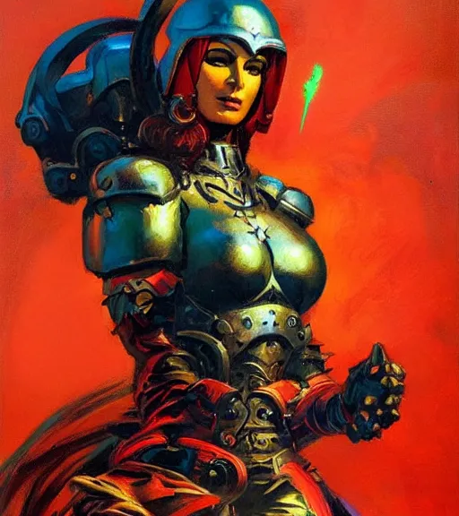 Image similar to portrait of strong iranian female chaos angel, beautiful! coherent! by frank frazetta, by brom, strong line, vivid neon color, shining metal power armor, iron helm, high contrast, maximalist