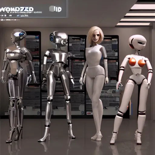 Image similar to store selling womanized humanoid robots made of steel, unreal engine 5, sharp focus