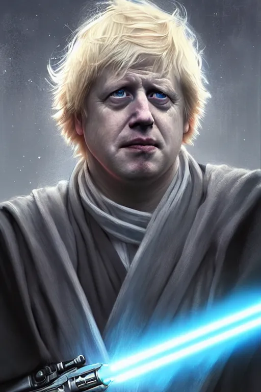 Image similar to Boris Johnson as the best Jedi from Star Wars, realistic portrait, symmetrical, highly detailed, digital painting, artstation, concept art, smooth, sharp focus, illustration, cinematic lighting, art by artgerm and greg rutkowski and alphonse mucha