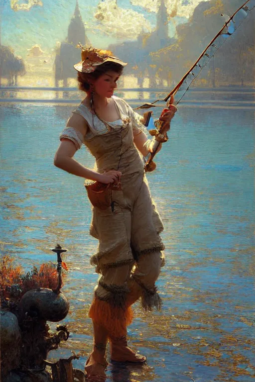 Image similar to fishing maid, highly detailed painting by gaston bussiere, craig mullins, j. c. leyendecker 8 k