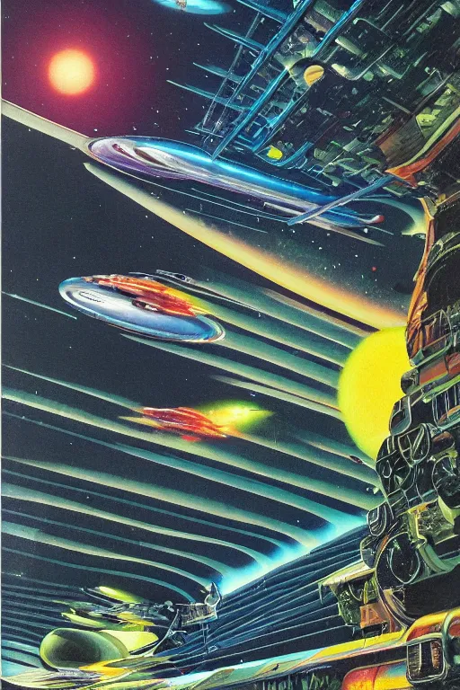 Prompt: elegant spaceship cruising between plants, fluid, smooth, bright, colours, high contrast, sharpness, very detailed, intricate, by angus mckie, colin hay, stewart cowley, john berkey