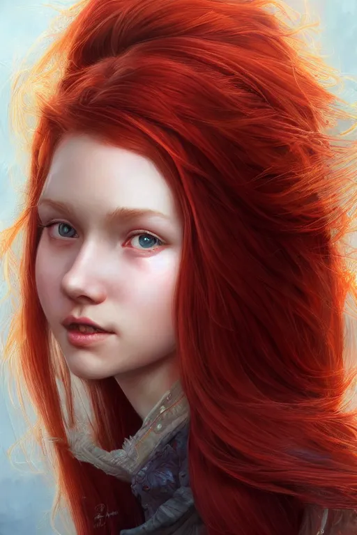 Prompt: ultra realistic style illustration of a beautiful cute red haired joyful teen girl, full body portrait, long hair, sci - fi, fantasy, intricate, elegant, digital painting, artstation, concept art, smooth, sharp focus, 8 k frostbite 3 engine, ultra detailed, art by artgerm and greg rutkowski and magali villeneuve