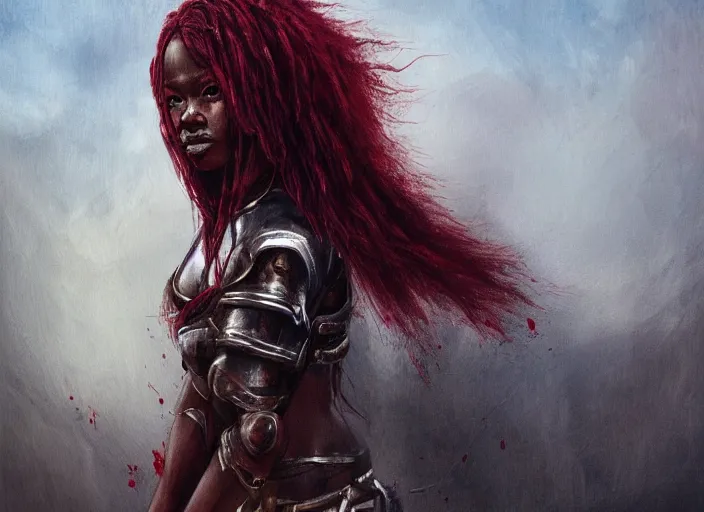 Image similar to landscape, portrait painting beautiful realism, an african girl red hair in wood armor who was sprawled out was about to rise, his face covered in blood. cinematic scene, good lighting, fine art, trending on artstation, smooth draw, sharp focus.