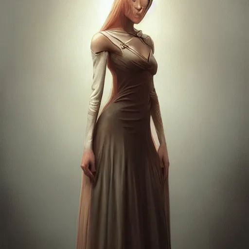 Prompt: wearing a full tight curvy long dress young female with lens, ultra realistic soft painting, floating long hair, perfectly detailed linework, symmetrical accurate intricate features, highly detailed, artstation, sharp focus, tom bagshaw