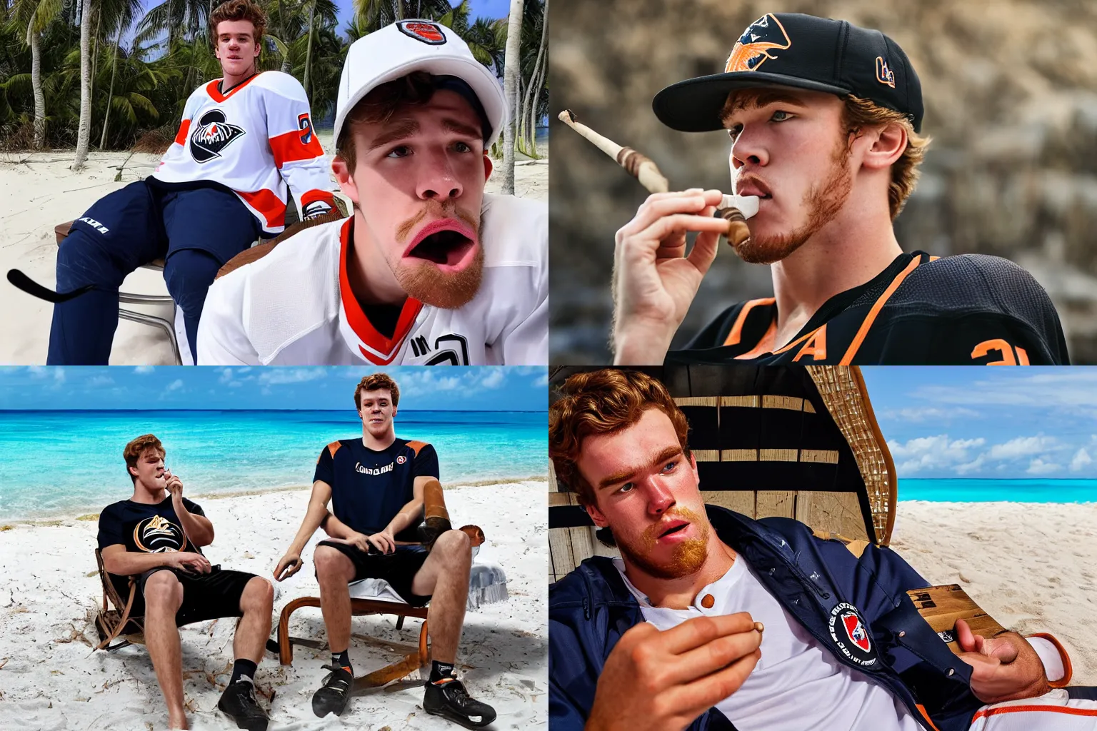 Prompt: While smoking a cigar, Hockeyplayer Connor McDavid wearing full Hockey gear and sitting in a sunchair on the beach of Bahamas, there is a cigar in his mouth, symmetric face, photo taken from a distance, hyperdetailed, hyperrealistic, 4k