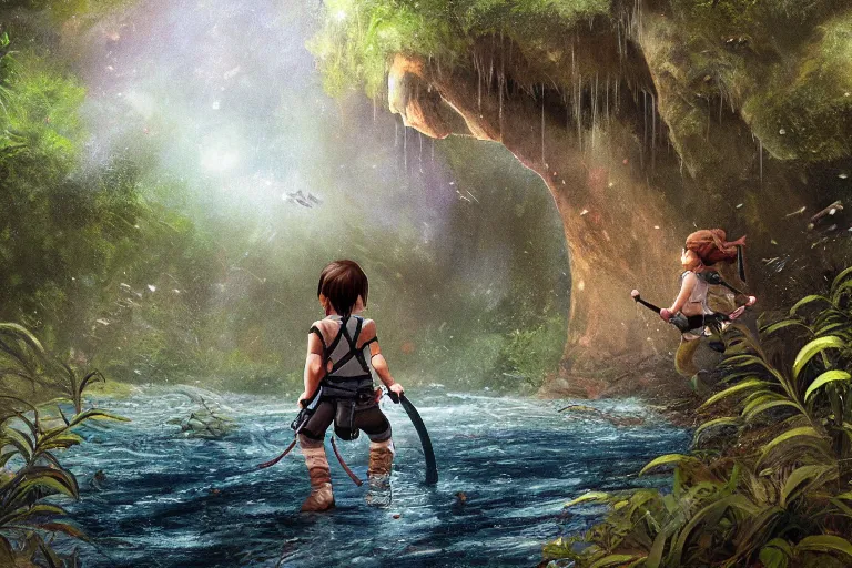 Prompt: wide shot of exhausted Chibi Lara Croft climbing out of a roaring ancient river, fireflies by Lilia Alvarado