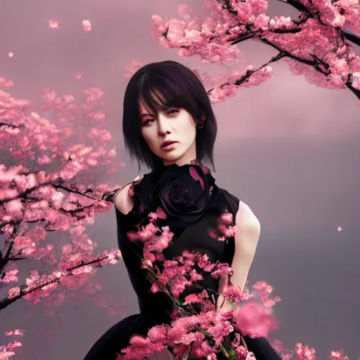 Image similar to beautiful girl in a dress made of black roses and cherry blossoms, beautiful portrait, symmetrical, character concept style trending on artstation concept art detailed octane render cinematic photo - realistic 8 k high detailed