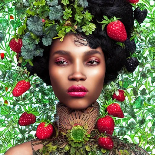 Image similar to the portrait of an absurdly beautiful, graceful, elegant, sophisticated, fashionable black woman made of strawberries and green petals looking up, an ultrafine hyperdetailed illustration by kim jung gi, irakli nadar, intricate linework, bright colors, octopath traveler, final fantasy, unreal engine 5 highly rendered, global illumination, radiant light, detailed and intricate environment