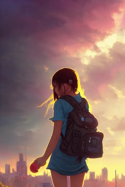 Prompt: teenage beauty girl mini hort with backpack looking at food at garbage dump, destroyed cars, city is pure wasteland, moody sunset background, rays of sunlights, ( ( ( rainbow ) ) ), high details, sharp, photorealism, cinematic, greg rutkowski, alphonse mucha, trending on artstation, artgerm, unreal engine, highly detailed