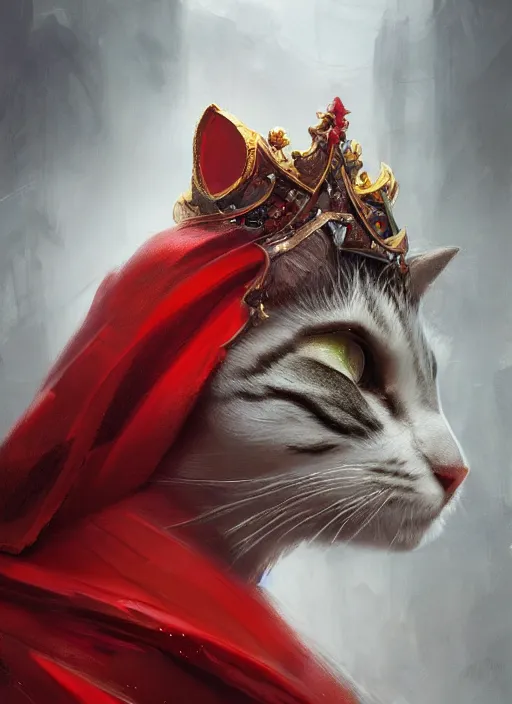 Image similar to side profile of a cat king wearing a crown and red cape, fantasy, digital painting, volumetric light, intricate, sharp, focus, bloom, illustration, highly detailed, concept art, matte, ruan jia, randy vargas, greg rutkowski