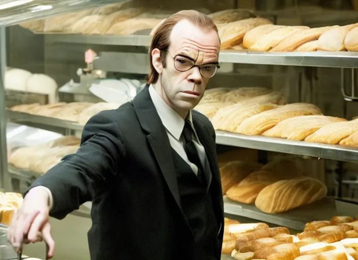 Prompt: film still of young hugo weaving as agent smith working in a bakery in the new matrix movie, 4 k