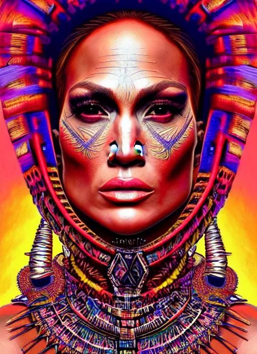 Image similar to portrait of jennifer lopez, hyper detailed ultra sharp aztec shaman warrior. trending on artstation, warpaint aesthetic, bloodwave, colorful, psychedelic, ornate, intricate, digital painting, concept art, smooth, sharp focus, illustration, art by artgerm and greg rutkowski and h. r. giger, 8 k