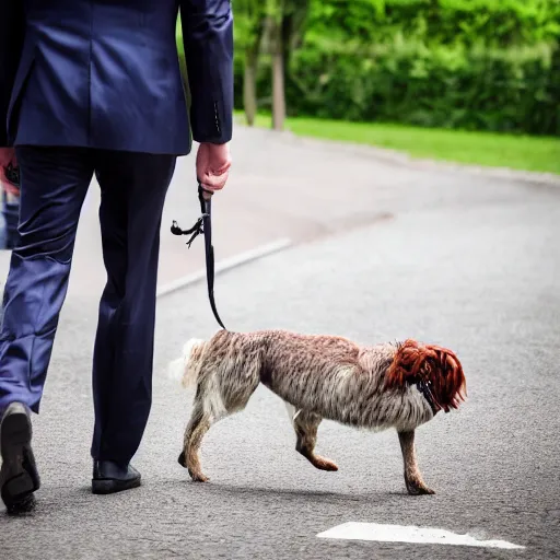 Prompt: belgian mallimois in a suit, walking a human