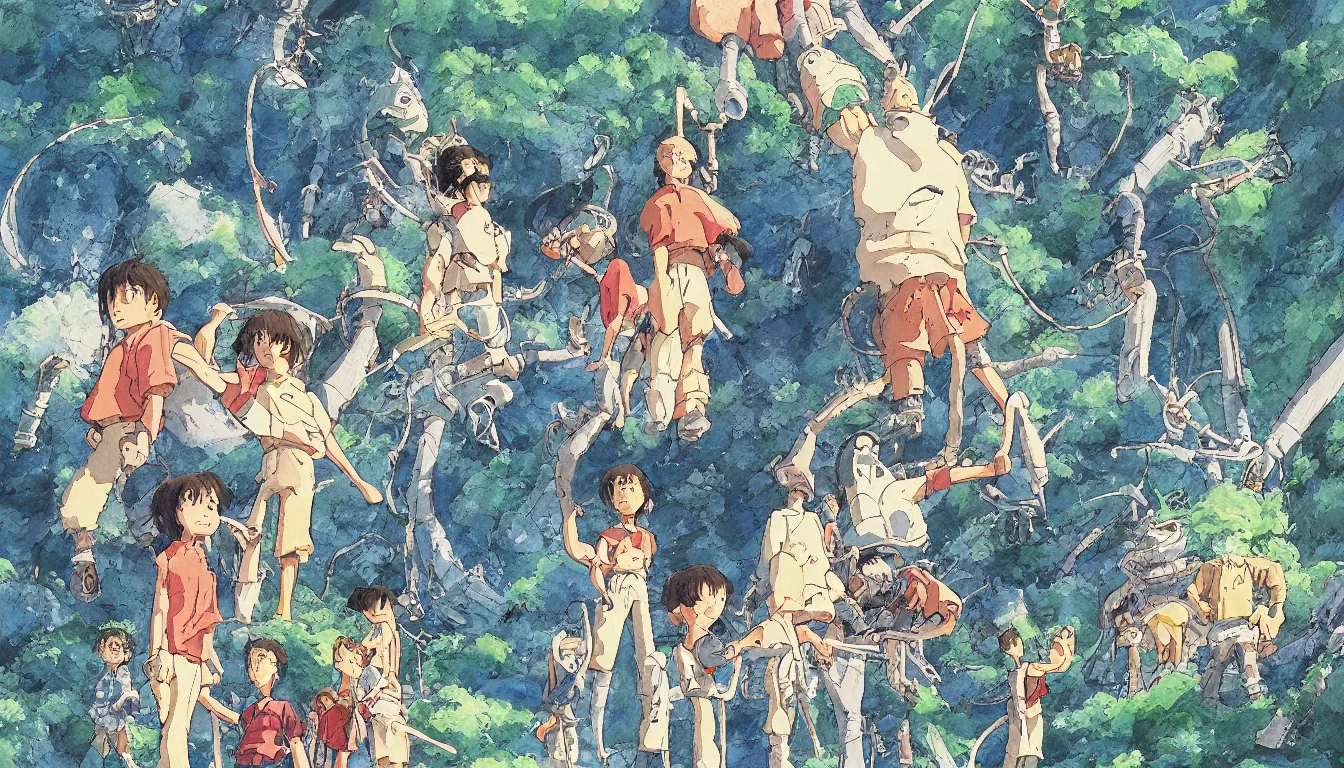 Image similar to land of the giants, larger than life, high detail, painting, watercolor, concept art, studio ghibli, by hayao miyazaki