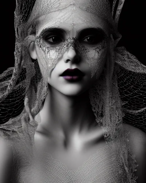 Image similar to surreal mythical dreamy dark artistic black and white fine art photo of a beautiful young female vampire - medus - cyborg covered with lace fish scales and translucent algae, highly detailed, intricate crystal ivy jelly fish scales ornate, lace web, poetic, octane render, 8 k, photo - realistic