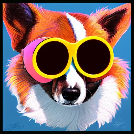 Prompt: Portrait of corgi with sunglasses, digital painting, highly detailed, pop art, artstation, concept art, smooth, sharp focus, illustration