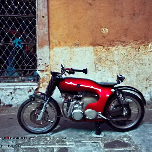 Image similar to photo of cyberpunk motorbike, in rome near coliseum. 2 4 mm lens, leica m 5, kodachrome