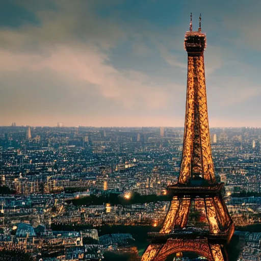 Image similar to A beautiful intricate 8K award-winning cinematic movie photograph of the future Eiffel Tower completely wrapped in corporate logos in the year 2043, by Bruno Delbonnel