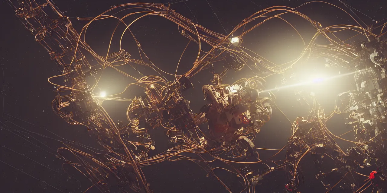 Image similar to astronaut with golden linings, entangled by a lot of cables, connected to a supercomputer designed by Dieter Rams, cinematic lighting, haze, moonlight, strong shadows, octane render, lens flare, red leds