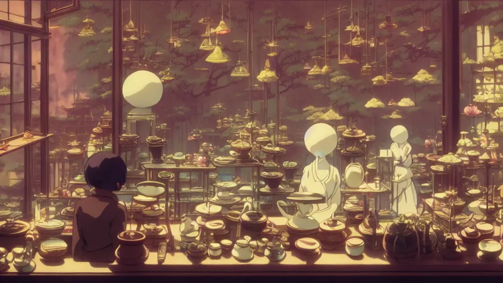 Prompt: an automata working at a tea shop, anime film still from Studio Ghibli movie with art direction by Zdzisław Beksiński, wide lens