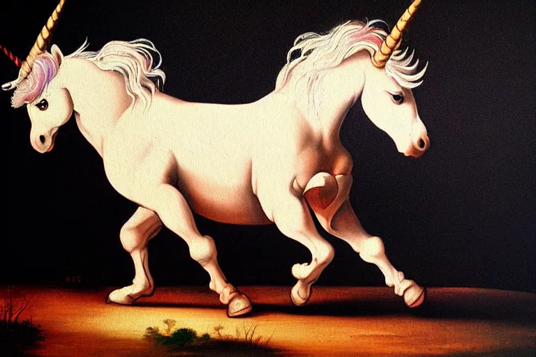 Image similar to detailed traditional painting of a unicorn walking on a rainbow, ((rainbow)) by Caravaggio, authentic, masterpiece, brush strokes, trending on artstation