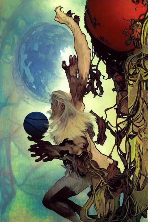 Image similar to basketball! monster!, surreal 4k HD digital full body portrait of humanoid basketball, white hair mohawk, black paper, b-ball! monster, arms and legs on spherical humanoid creature!, by Alphonse Mucha, Craig Mullins, Marc Simonetti, Artstation