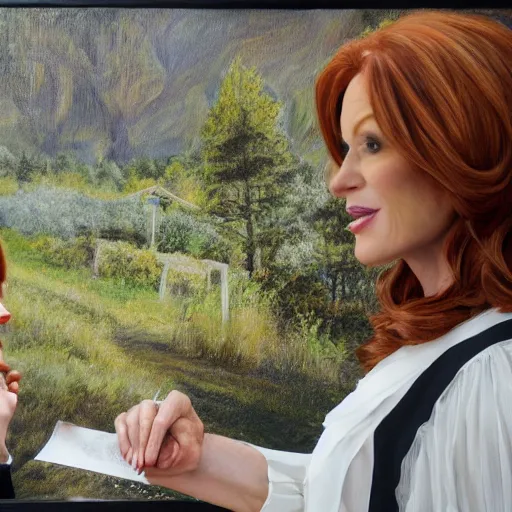 Image similar to stunning portrait painting of news anchorwoman liz claman reporting from rivendell interviewing arwen, lord of the rings movie, by daniella zalcman, directed by peter jackson, highly detailed, canon eos r 3, f / 1. 4, iso 2 0 0, 1 / 1 6 0 s, 8 k, raw, symmetrical balance