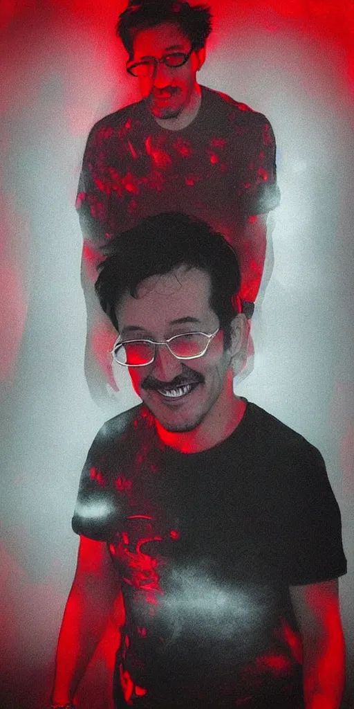 Image similar to “ a portrait of markiplier in a dark, foggy room, staring intently with an evil grin, and red eyes glowing the room ”