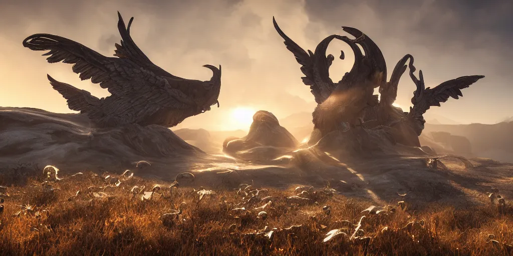 Image similar to bird wings, gold ram horns, copper goat skulls, grand imposing powerful sculpture. swirls of mist. sunrise, intense light beams, lens flare. occult photorealism, uhd, amazing depth, volumetric lighting, cinematic lighting. epic landscape.