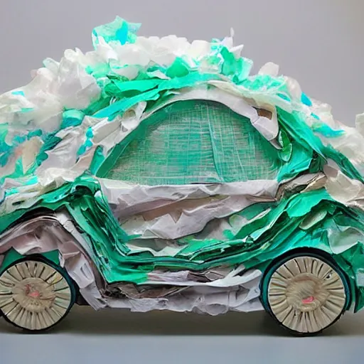 Image similar to bmw hatchback made of tissue paper, tissue paper art