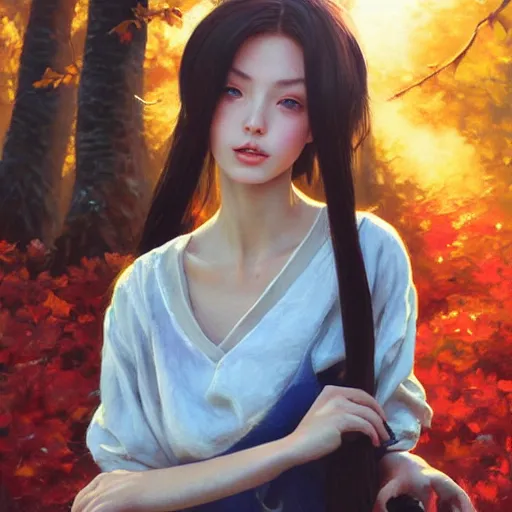 Prompt: oil painting by ilya kuvshinov,, baugh casey, rhads, coby whitmore, of a youthful japanese beauty, long hair, holding candied apple, outdoors, highly detailed, breathtaking face, studio photography, dawn, intense subsurface scattering, blush, supple look, innocence, intense sunlight