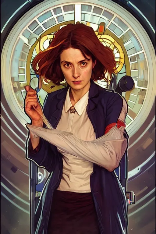 Image similar to doctor who, woman as a mad dentist in the tardis, art by artgerm and greg rutkowski and alphonse mucha