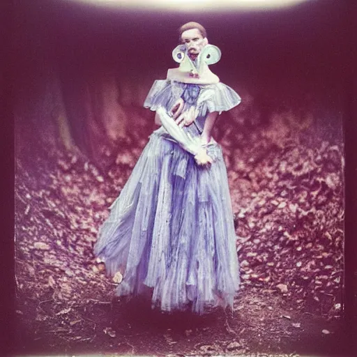 Image similar to kodak portra 4 0 0, wetplate, photo of a surreal artsy dream scene,, girl, weird fashion, grotesque, extravagant dress, photographed by paolo roversi style