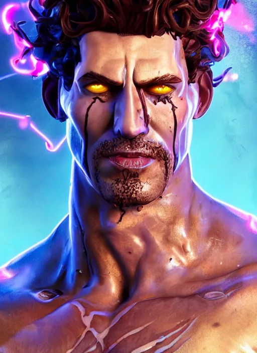 Image similar to glowwave portrait of curly hair muscular man from borderlands 3, au naturel, hyper detailed, digital art, trending in artstation, cinematic lighting, studio quality, smooth render, unreal engine 5 rendered, octane rendered, art style by klimt and nixeu and ian sprigger and wlop and krenz cushart.