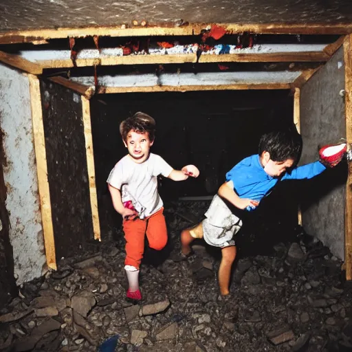 Image similar to crazy children destroying a basement, photograph, high quality