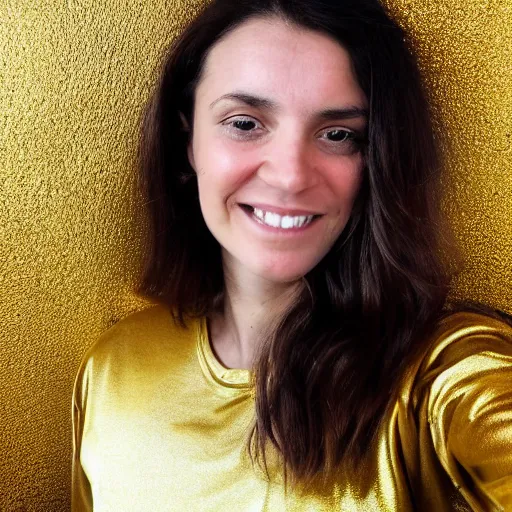 Image similar to a selfie portrait a brunette female, young, athletic, australian, wearing a gold tshirt in a studio