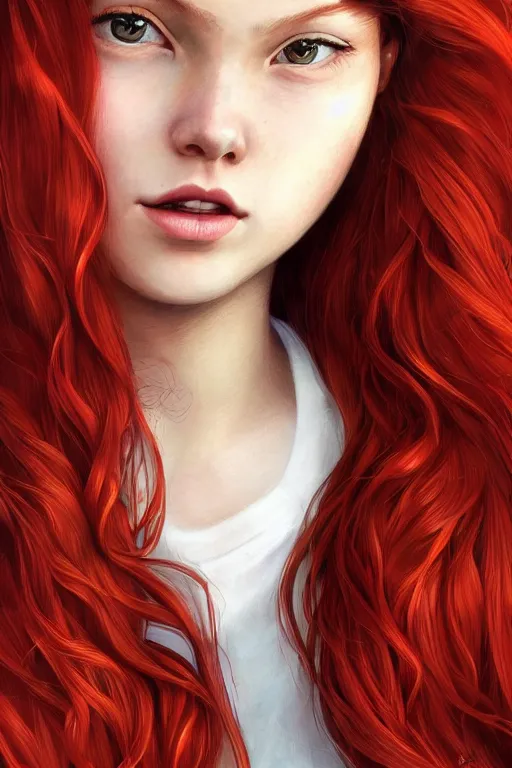 Image similar to ultra realistic style illustration of a beautiful cute red haired joyful teen girl, long hair, 1 9 year old, portrait, sci - fi, fantasy, intricate, elegant, digital painting, artstation, concept art, smooth, sharp focus, illustration, 8 k frostbite 3 engine, ultra detailed, art by artgerm and greg rutkowski and magali villeneuve