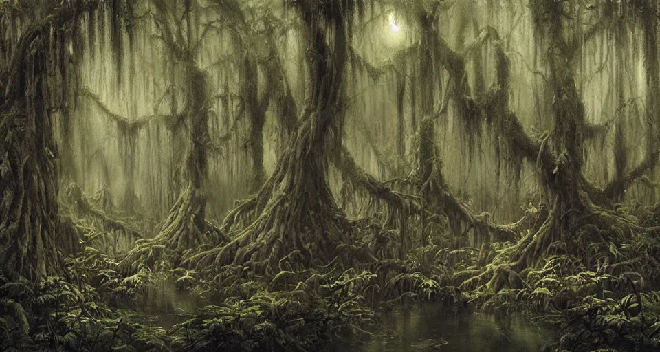 Image similar to A dense and dark enchanted forest with a swamp, by James Gurney