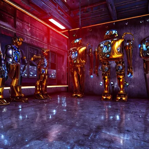 Prompt: on the wet concrete floor sits one sad golden and blue metal humanoid steampunk robots wearing and gears and tubes, eyes are glowing red lightbulbs, shiny crisp finish, 3 d render, 8 k, insaneley detailed, fluorescent colors, background is backdoor entrance to a futuristic nightclub, nightlight