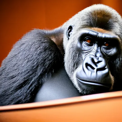 Image similar to an image of a gorilla sitting in a chair in the presidental press briefing room, hyper realistic, 4 k, depth of field.