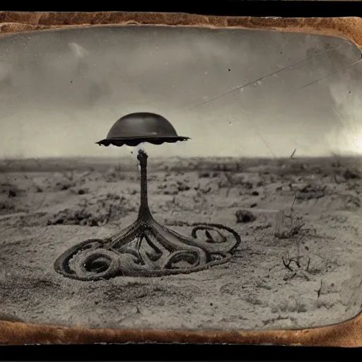 Image similar to tintype, wide view, thundra ufo crash site, team of scientists studying captured alien octopus, photorealistic, highly detailed