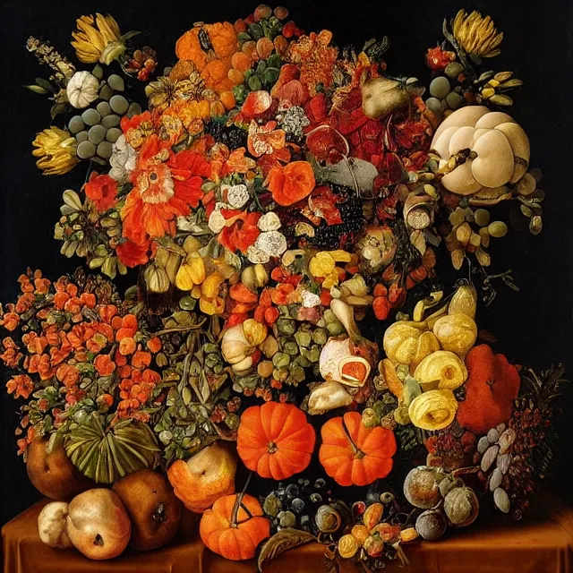 Image similar to thanksgiving supper, flowers and fruit on a wooden table, black background!, still life by giuseppe arcimboldo, vanitas!!, pinterest, maximalist, intricate high detail masterpiece