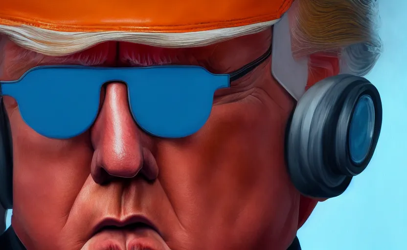 Image similar to closeup painting of donald trump, cyberpunk, wearing light blue shutter shades and a dark brown leather jacket, portrait, hyperdetailed, artstation, cgsociety, 8 k, synthwave by tangerine dream