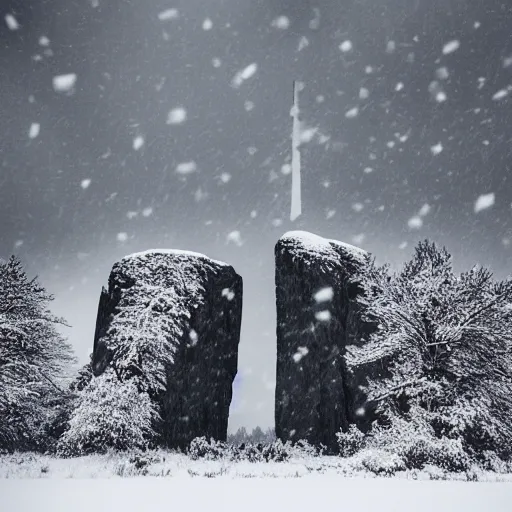 Image similar to a taiga with a large monolith hovering above it. overcast sky, snowing.